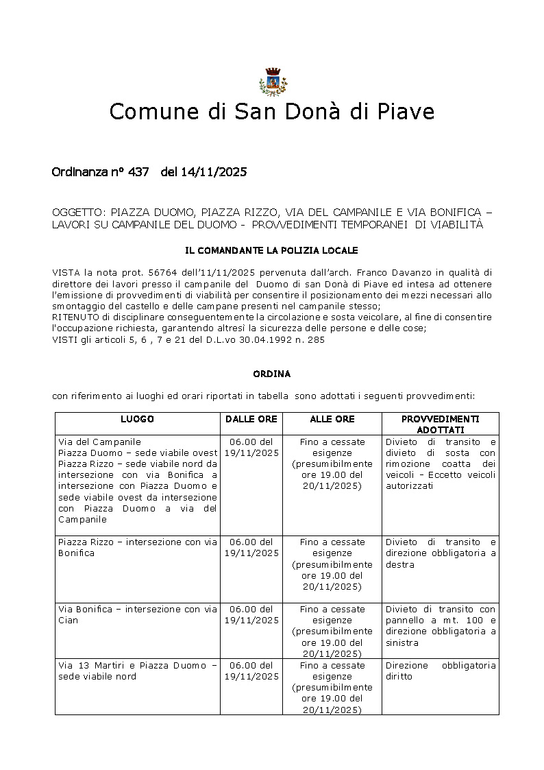 Ordinanza di modifica viabilità per lo smontaggio delle campane
